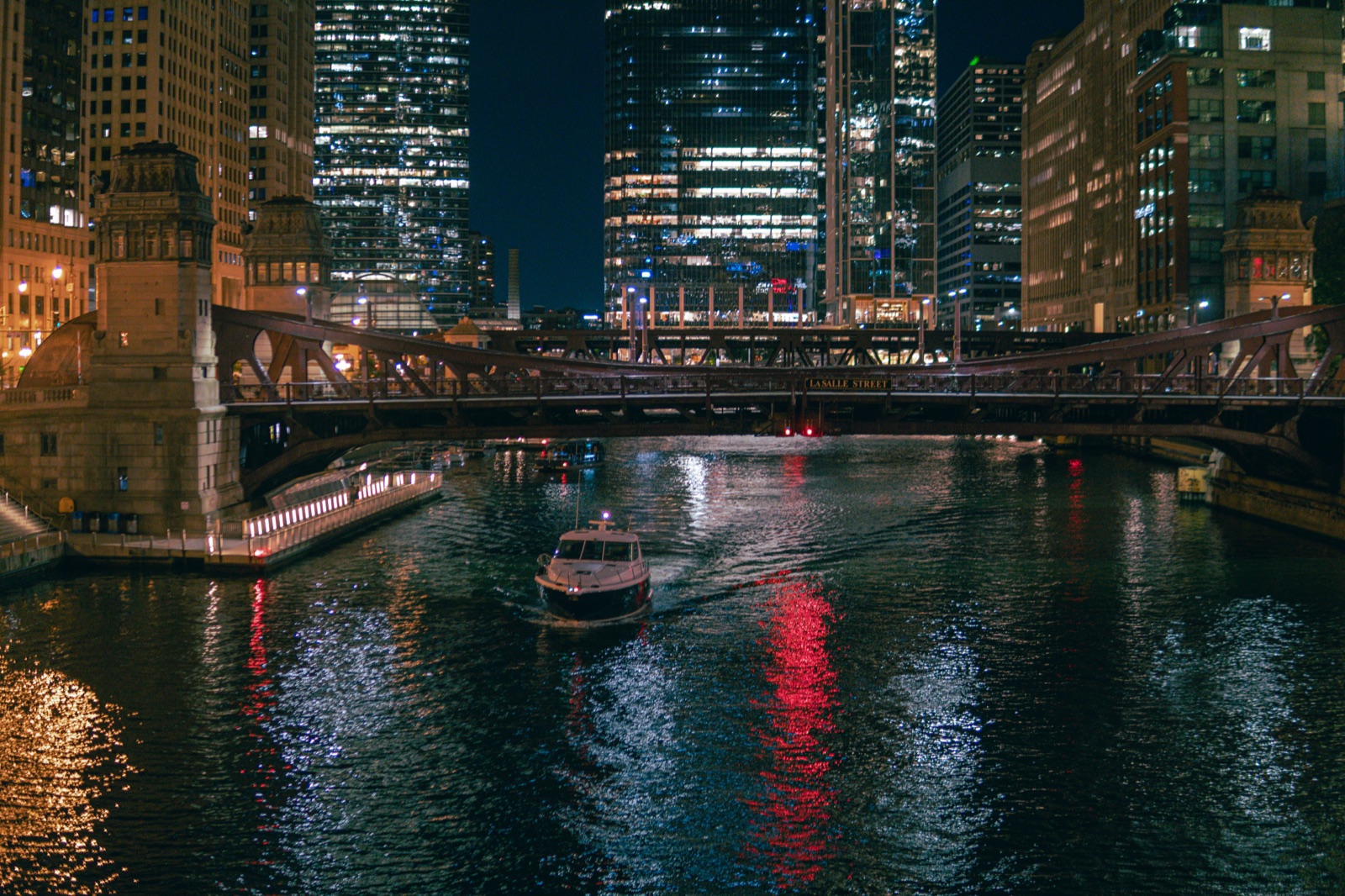 The Chicago River and skyline at night